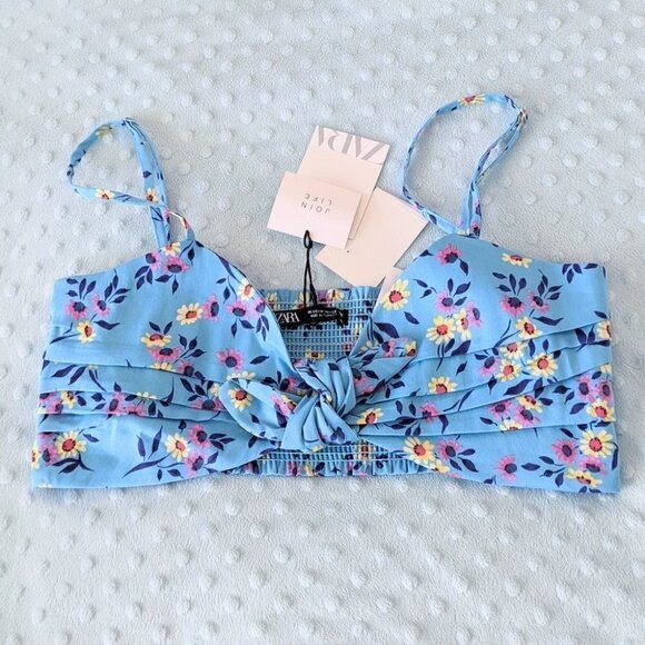 NEW ZARA Blue floral crop top bra smocked back adjustable straps sz Large - Picture 1 of 5